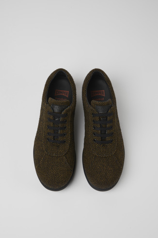 Overhead view of Pelotas Brown wool, viscose, and leather shoes for men