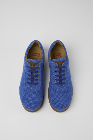 Overhead view of Pelotas Blue wool, viscose, and leather shoes for men