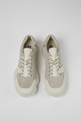 Overhead view of Karst White leather and recycled PET sneakers for men