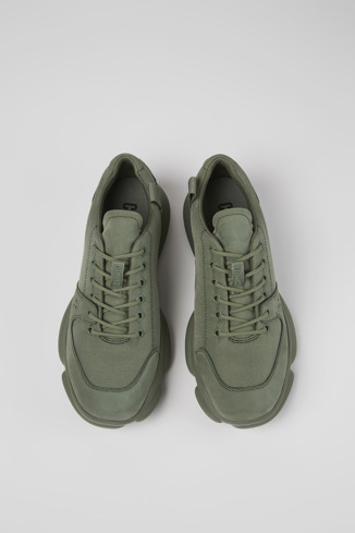 Overhead view of Karst Green leather and recycled PET sneakers for men