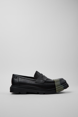 Side view of Junction Black Leather Moccasin Shoes for Men.