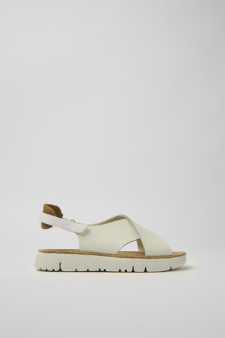 Side view of Oruga White leather and recycled PET sandals for women