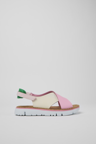 Side view of Twins Pink, white, and green sandals for women