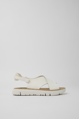Side view of Oruga White leather and textile sandals for women