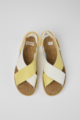 Overhead view of Twins White and yellow leather and textile sandals for women