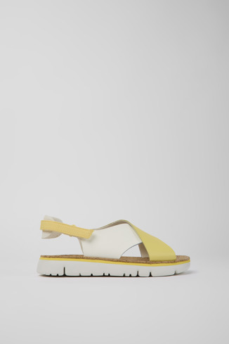 Side view of Twins White and yellow leather and textile sandals for women
