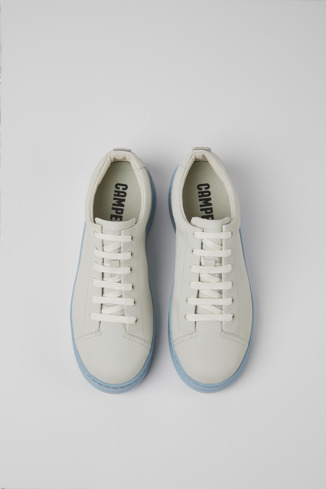 Overhead view of Runner Up White and blue non-dyed leather sneakers for women