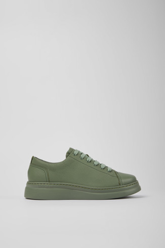 Side view of Runner Up Green leather sneakers for women