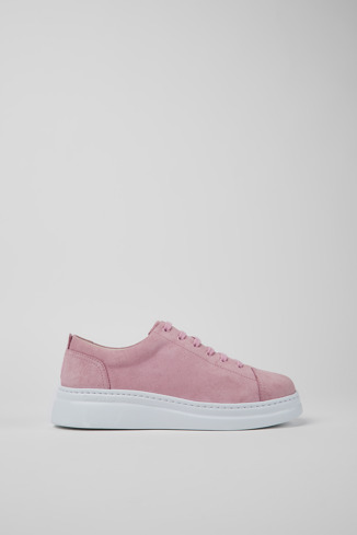 Side view of Runner Up Pink nubuck sneakers for women