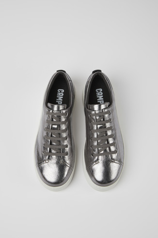 Overhead view of Runner Up Gray metallic leather sneakers for women