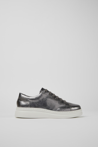 Side view of Runner Up Gray metallic leather sneakers for women