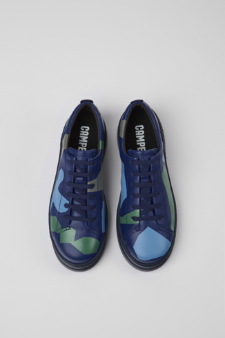 Overhead view of Twins Blue and green printed leather sneakers for women