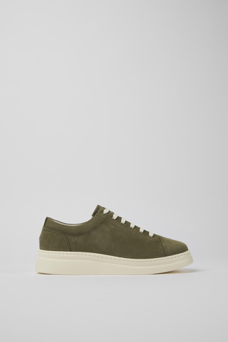 Side view of Runner Up Green nubuck sneakers for women