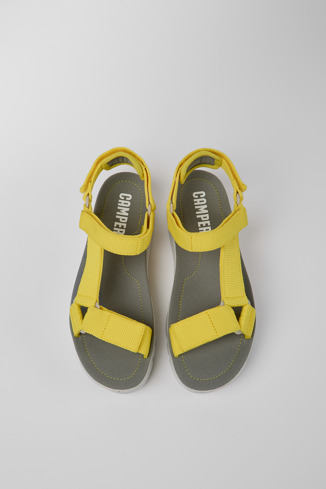 Overhead view of Oruga Up Yellow recycled PET sandals for women