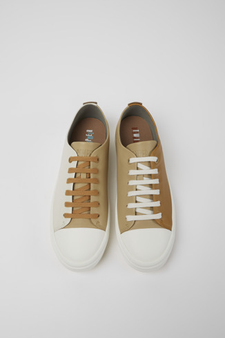 Overhead view of Twins Brown, beige, and white sneakers for women