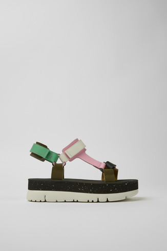 Side view of Oruga Up Green, pink, and white leather sandals for women