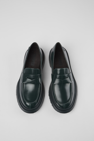 Overhead view of Walden Green leather loafers for women