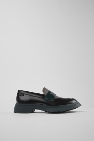 Side view of Twins Black and gray leather loafers for women