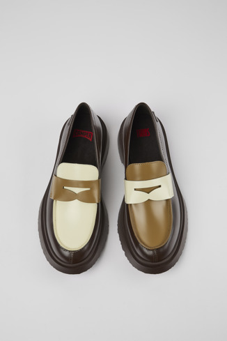 Overhead view of Twins Brown and white leather loafers for women