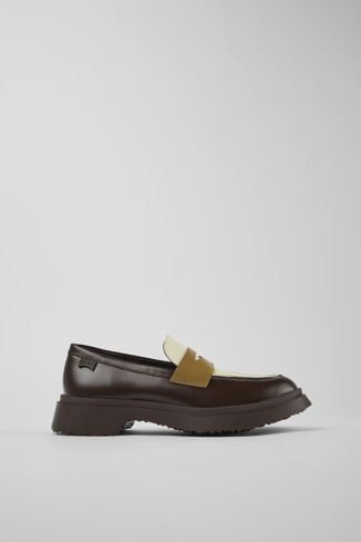 Side view of Twins Brown and white leather loafers for women