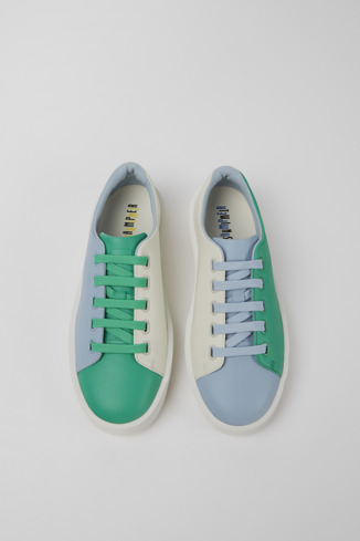 Overhead view of Twins Green, blue, and white leather sneakers for women