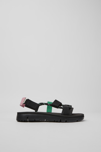 Side view of Oruga Black, pink, and green leather sandals for women