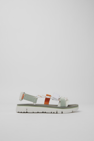 Side view of Oruga White, green, and orange sandals for women