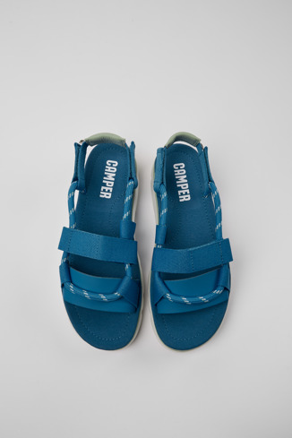 Overhead view of Oruga Blue and green leather sandals for women