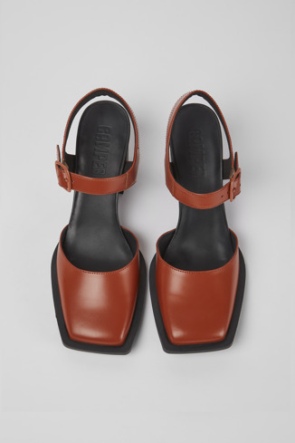 Overhead view of Karole Brown leather semi-open shoes