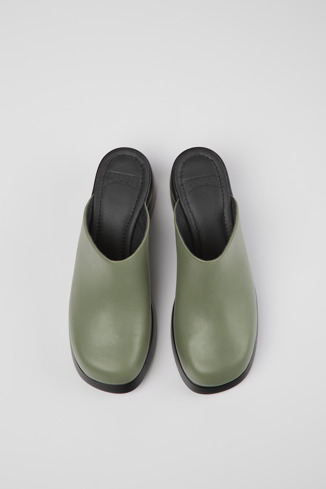 Overhead view of Kaah Green leather mules for women