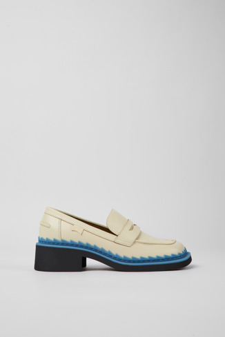 Side view of Taylor White and blue leather loafers for women