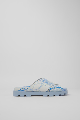 Side view of Brutus Sandal White and blue printed leather sandals for women