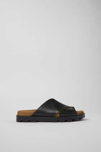 Side view of Brutus Sandal Black Leather Cross-strap Sandal for Women