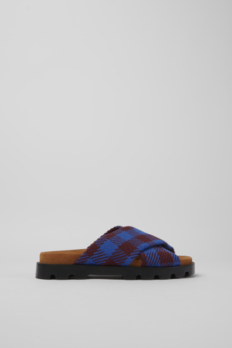 Side view of Brutus Sandal Blue and burgundy recycled cotton sandals for women