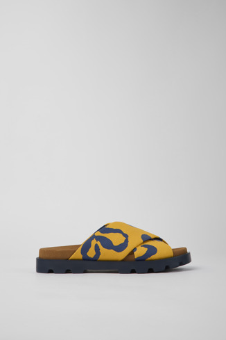 Side view of Brutus Sandal Orange and blue recycled cotton sandals for women