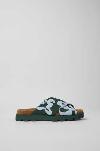 Side view of Brutus Sandal Green and blue recycled cotton sandals for women