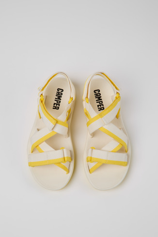 Overhead view of Match White and yellow recycled PET sandals for women