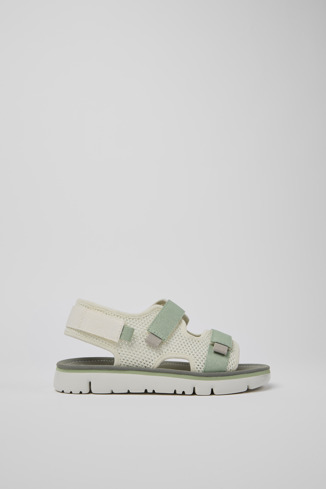 Side view of Oruga White, green, and grey sandals for women