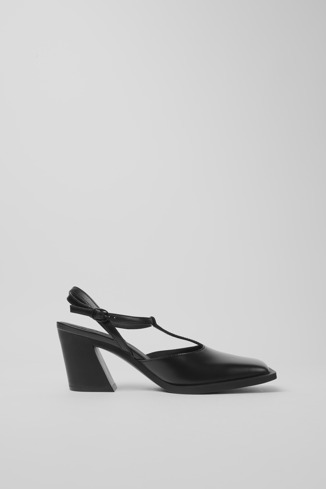 Side view of Karole Black leather T-bar shoes for women