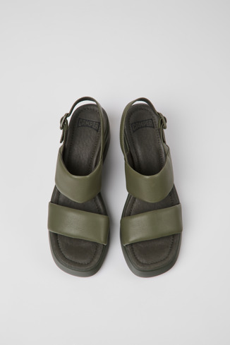 Overhead view of Kaah Green leather sandals for women