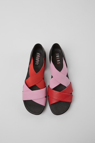 Overhead view of Twins Pink and red leather sandals for women