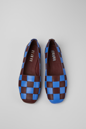 Overhead view of Twins Blue and burgundy leather shoes for women