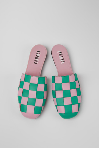 Overhead view of Twins Pink and green leather shoes for women