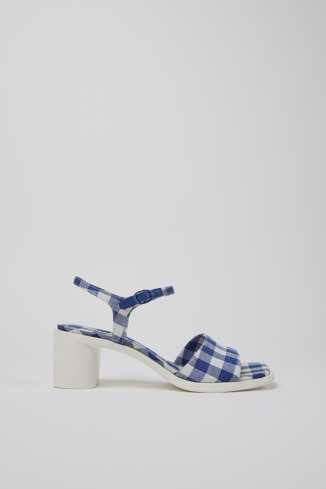 Side view of Meda Blue and white recycled cotton sandals for women