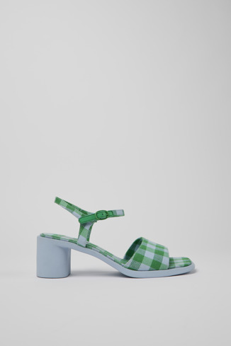 Side view of Meda Blue and green recycled cotton sandals for women