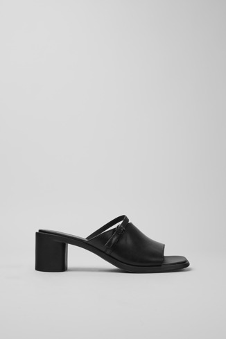 Side view of Meda Black leather sandals for women