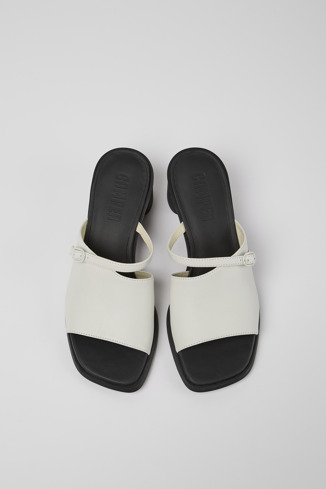 Overhead view of Meda White and black leather sandals for women
