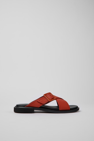 Side view of Edy Red leather sandals for women