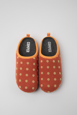 Overhead view of Wabi Orange and brown wool women's slippers