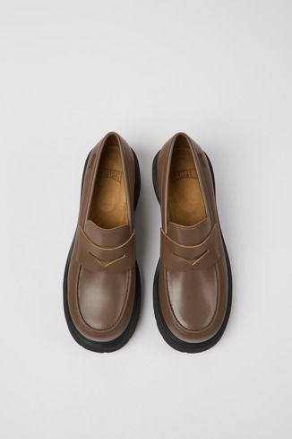 Overhead view of Milah Brown leather loafers for women